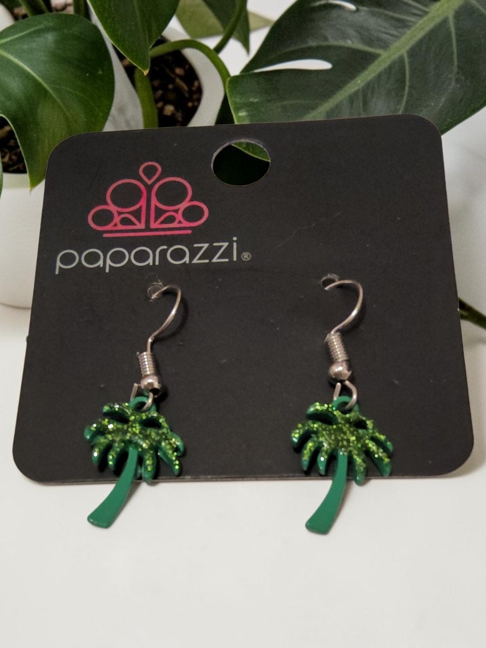 10 / $10 paparazzi Green Glitter Palm Tree Hook Earrings